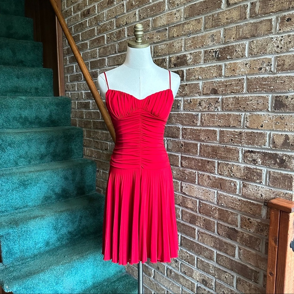 VTG Y2K 2000s Bright Cherry Red Ruched Pleated Milkmaid Dress